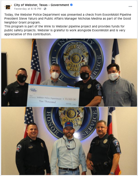 Webster Police Department receiving ExxonMobil Good Neighbor Grant